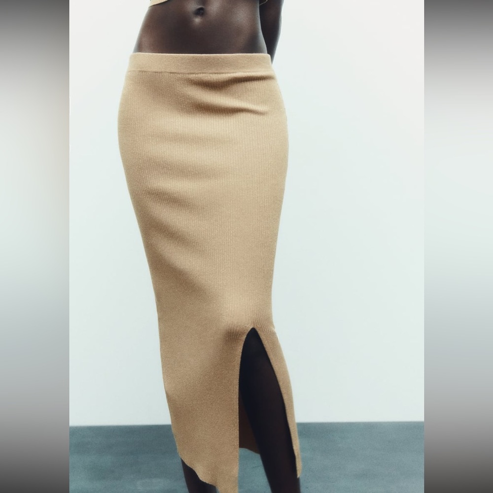 NWT Zara gold metallic thread midi skirt, med